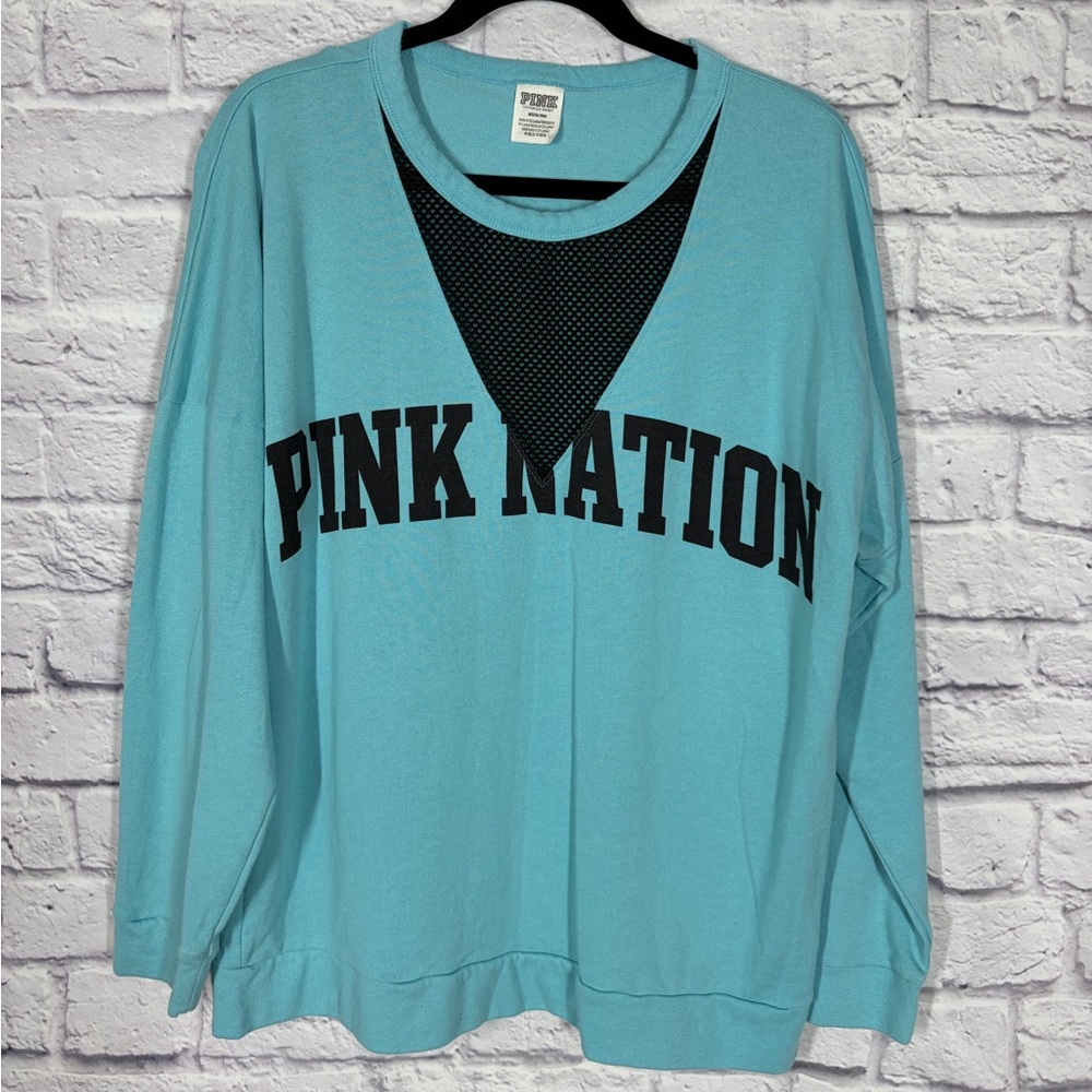 Victoria’s Secret PINK Nation Y2K Logo Mesh V Neck Sweatshirt Aqua Size L